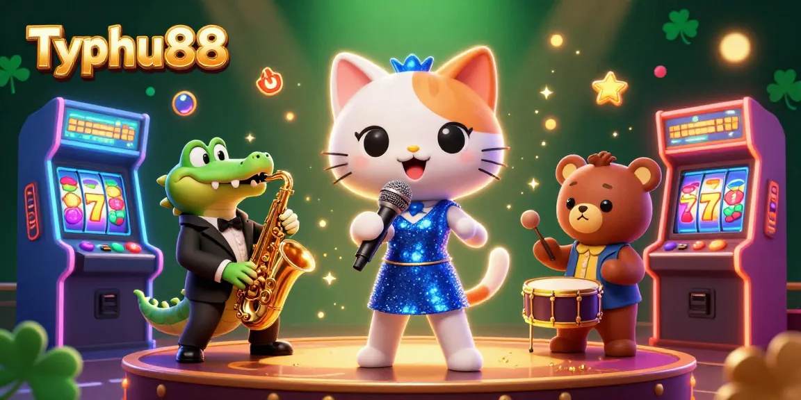 Experience the excitement at Typhu88 Casino, where a jazzy cat singer and animated characters bring the thrills of gaming to life.