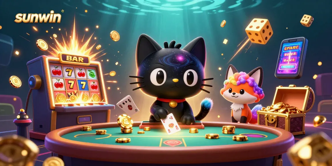 Experience sunwin's dynamic casino action with a cosmic cat and colorful fox amidst swirling slot elements.