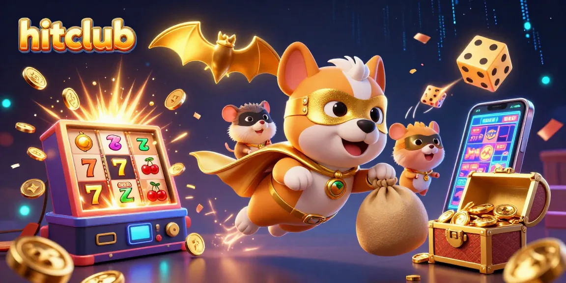 Hitclub's superhero dog and hamster celebrate a jackpot in an exciting casino scene.